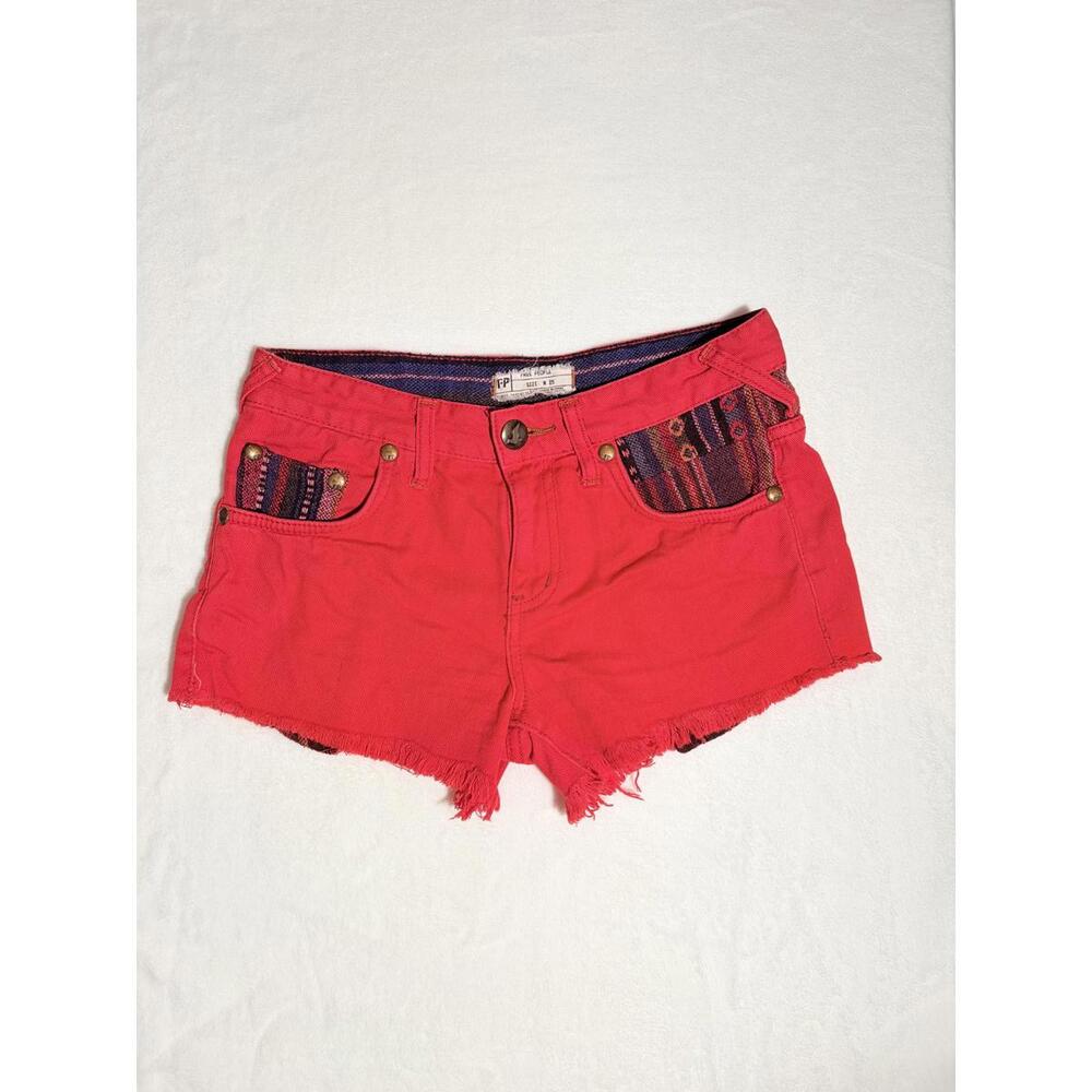 Free People We The Free Red Boho Embroidered Festival Shorts Cut Off Size 25